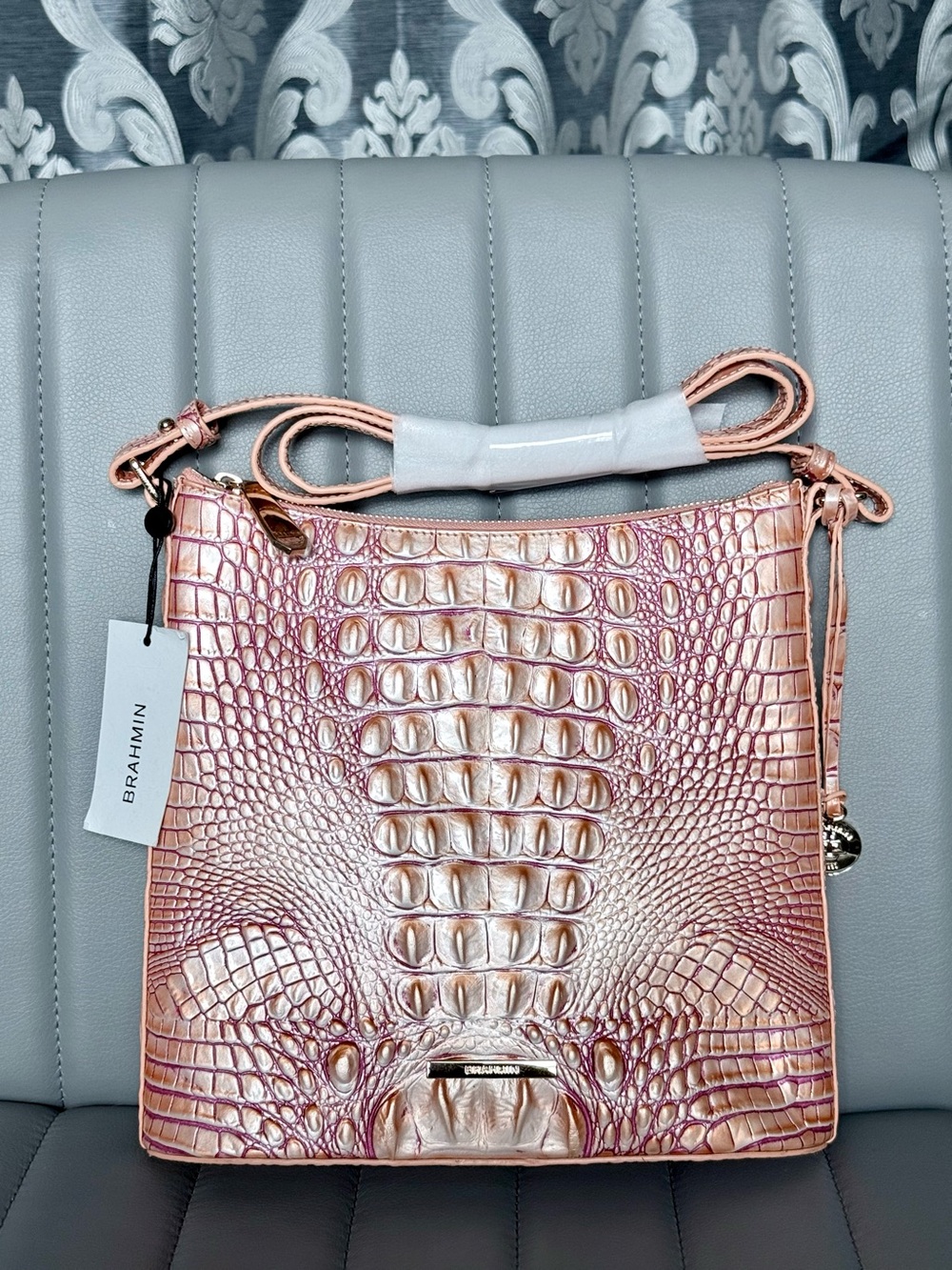 Brahmin Katie Apricot Rose Crossbody Bag Embossed Croc Pink Peach Gold
